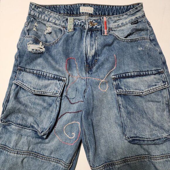 Cello Embroidered High Rise Wide Leg Cargo Pants Y2K Baggy - Picture 3 of 5